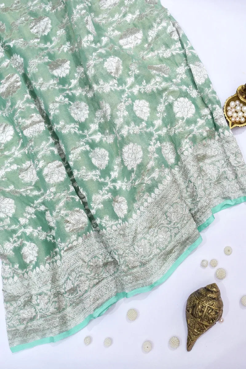PESTAL SEA GREEN COLOR PURE HANDLOOM KHADDI GEORGETTE SAREE