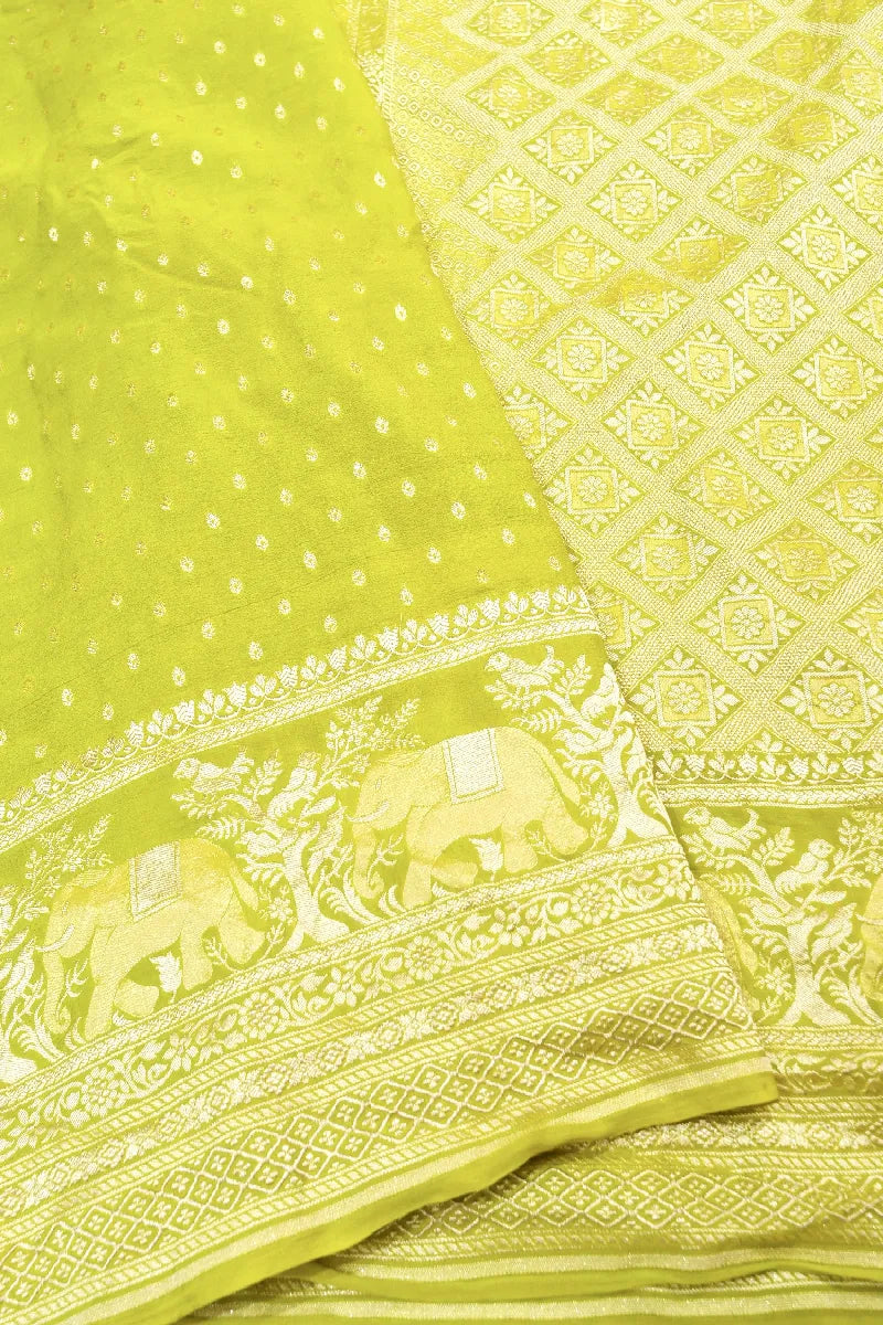 LIME GREEN COLOR PURE HANDLOOM KHADDI GEORGETTE SAREE