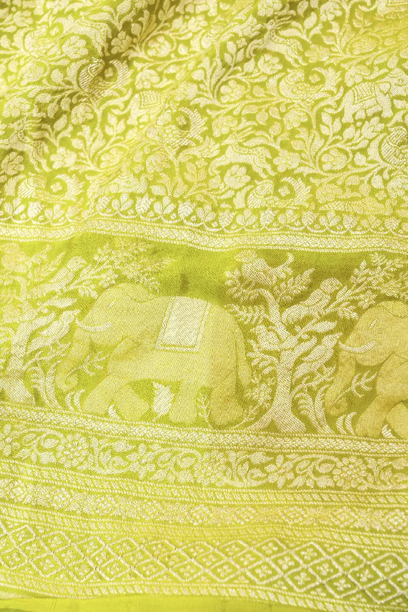LIME GREEN COLOR PURE HANDLOOM KHADDI GEORGETTE SAREE