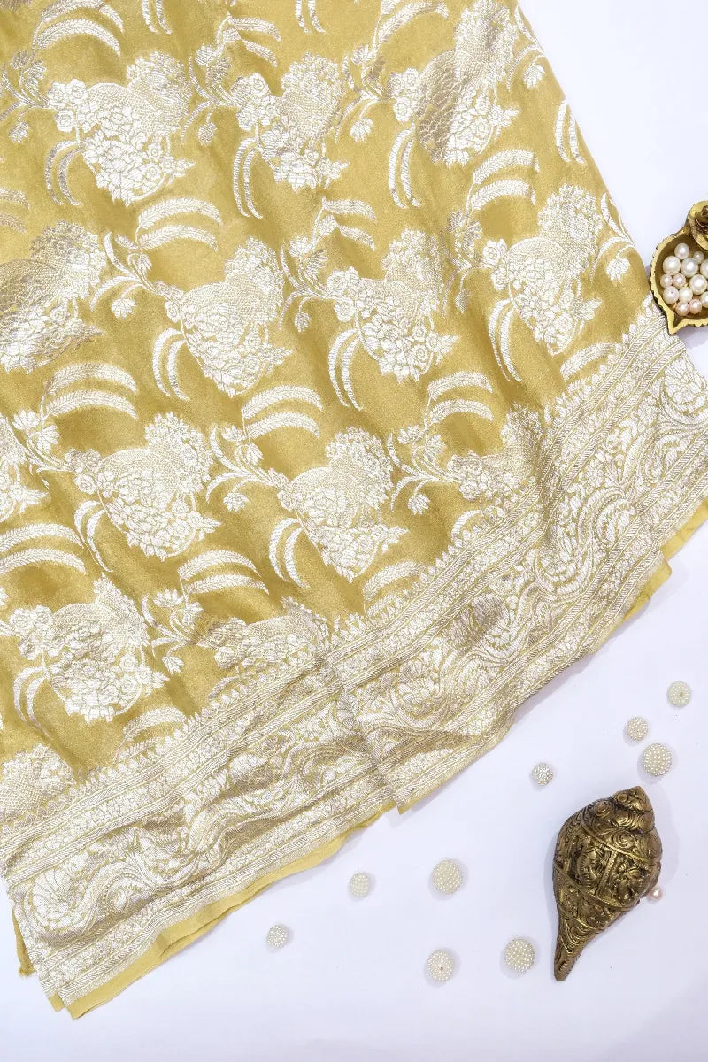 LEMON YELLOW COLOR PURE HANDLOOM KHADDI GEORGETTE SAREE