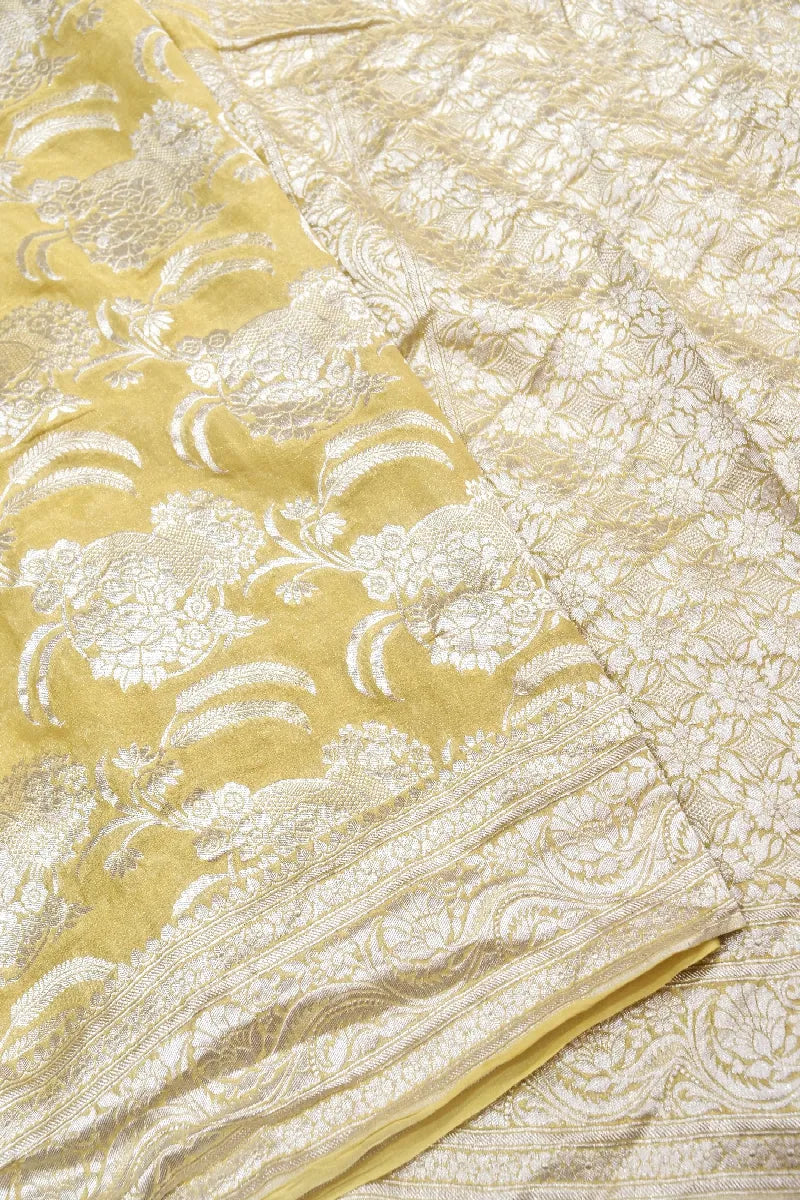 LEMON YELLOW COLOR PURE HANDLOOM KHADDI GEORGETTE SAREE