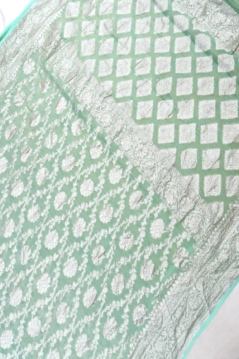 PESTAL SEA GREEN COLOR PURE HANDLOOM KHADDI GEORGETTE SAREE