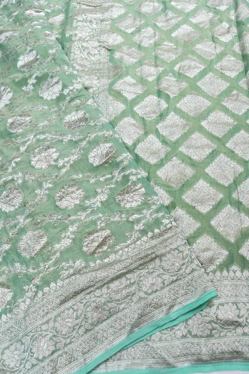 PESTAL SEA GREEN COLOR PURE HANDLOOM KHADDI GEORGETTE SAREE