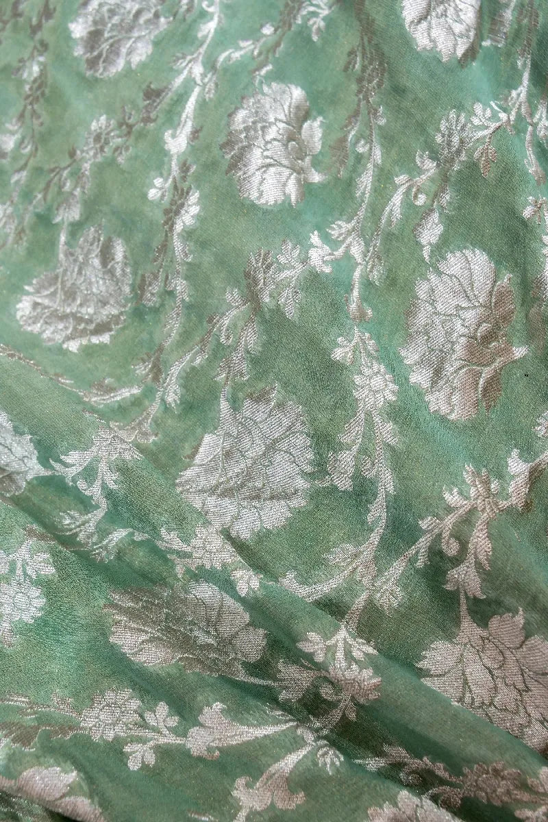 PESTAL SEA GREEN COLOR PURE HANDLOOM KHADDI GEORGETTE SAREE