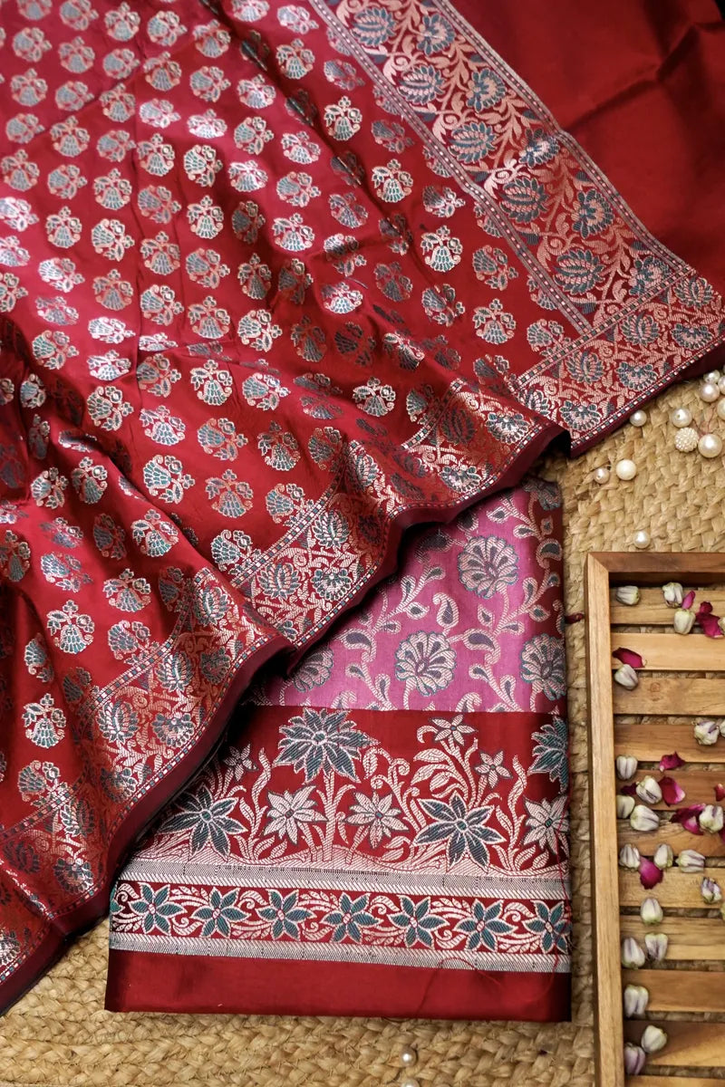 BANARASI SILK ONION PINK WITH MAROON COLOR UNSTITCHED SUIT MATERIAL