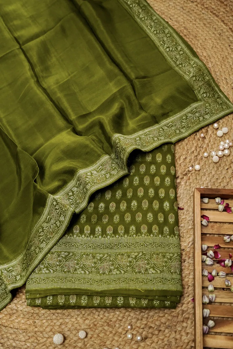 KHADDI SILK MEHENDI GREEN COLOR UNSTITCHED SUIT MATERIAL