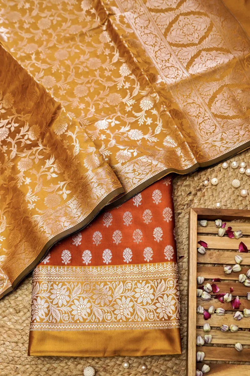 BANARASI SILK ORANGE WITH MUSTARD COLOR UNSTITCHED SUIT MATERIAL