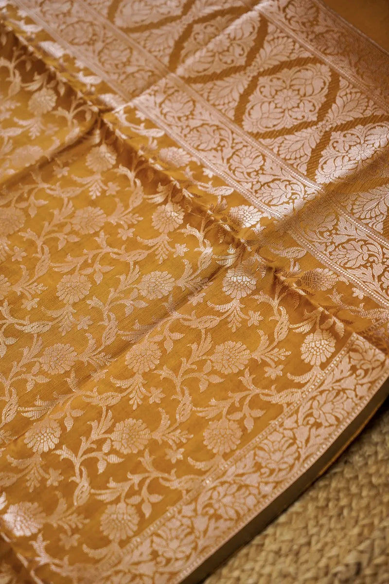 BANARASI SILK ORANGE WITH MUSTARD COLOR UNSTITCHED SUIT MATERIAL