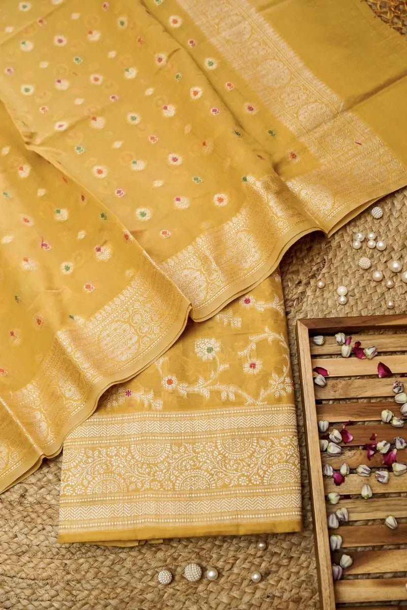 COTTON SILK YELLOW COLOR UNSTITCHED SUIT MATERIAL