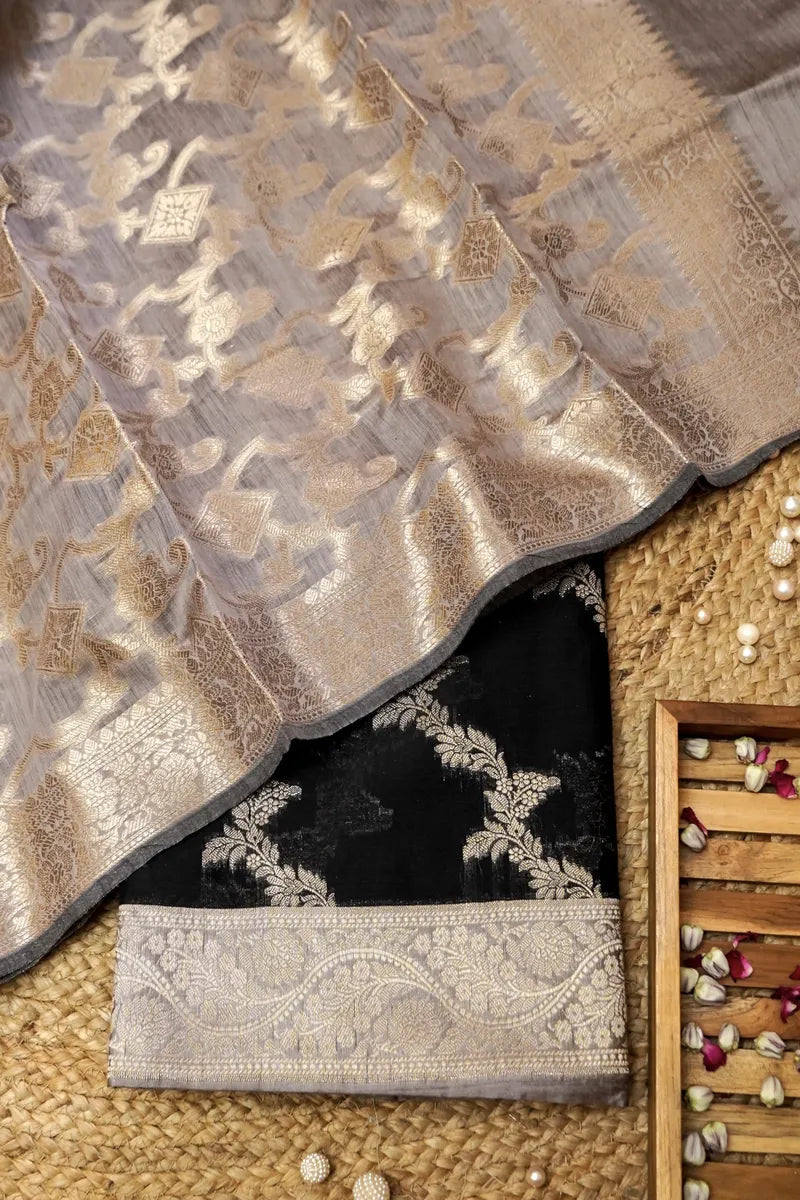 COTTON SILK BLACK WITH GREY COLOR UNSTITCHED SUIT MATERIAL