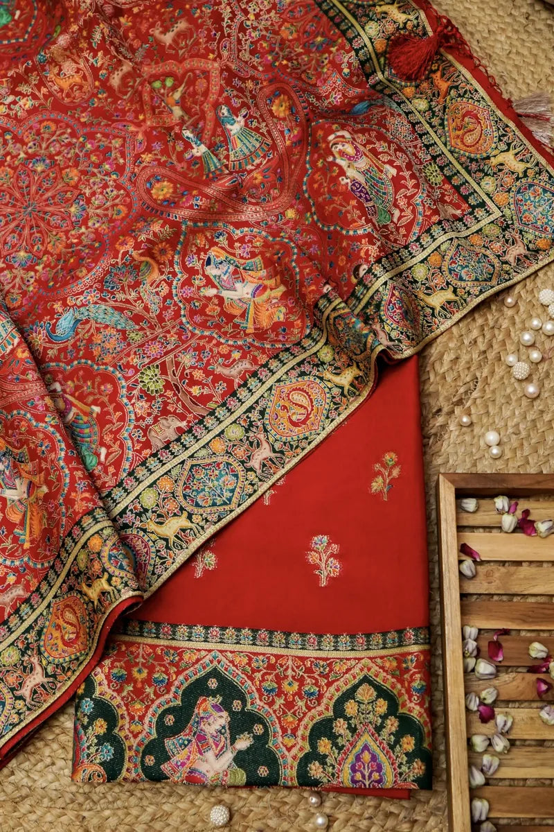 PASHMINA SILK RED WITH BLACK COLOR UNSTITCHED SUIT MATERIAL