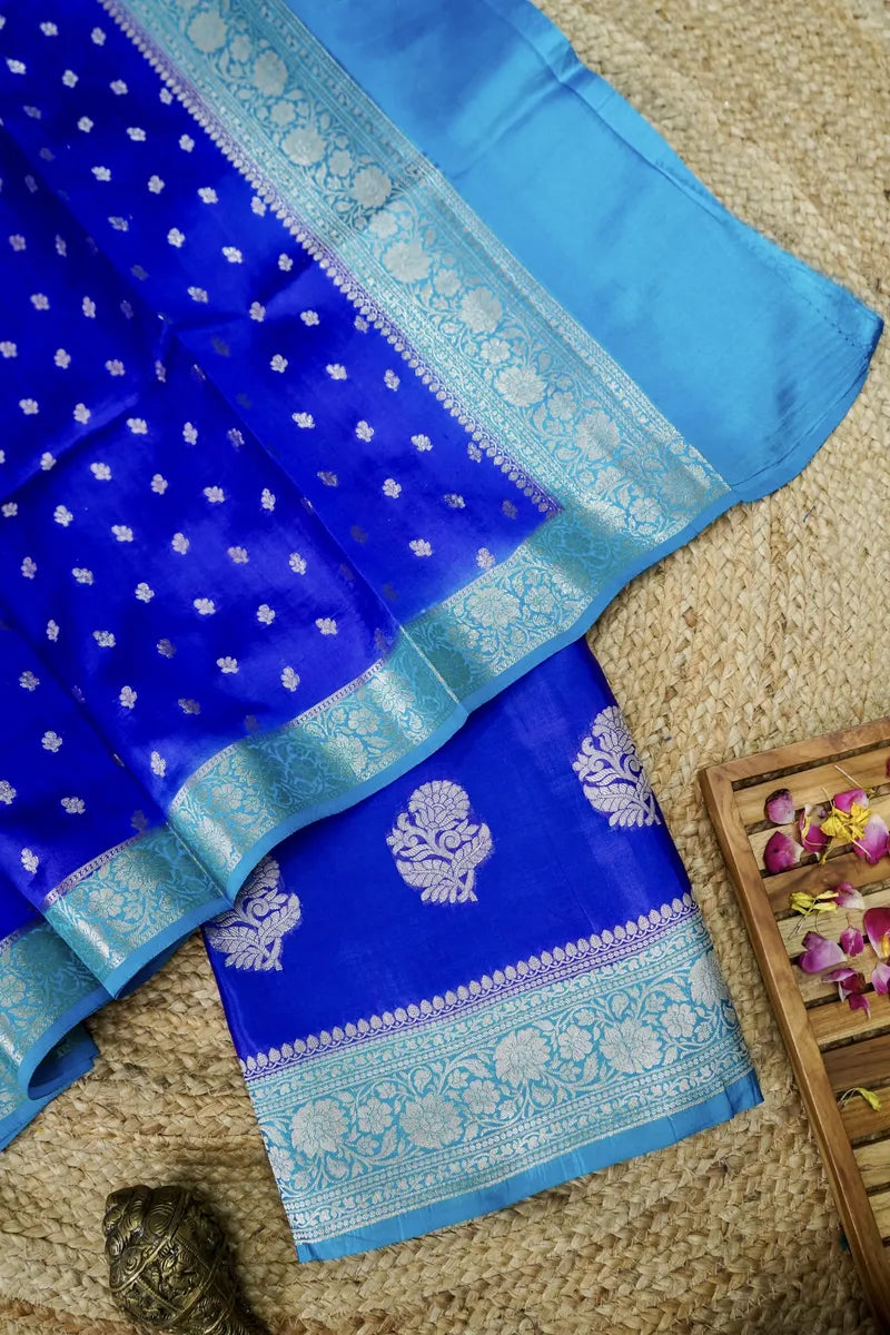 BANARASI KATAN SILK BLUE WITH FIROZI COLOR UNSTITCHED SUIT MATERIAL