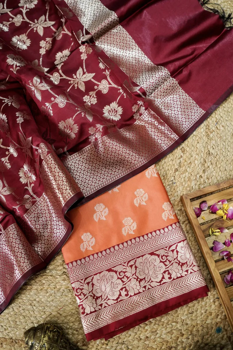 BANARASI SILK ORANGE WITH MAROON COLOR UNSTITCHED SUIT MATERIAL