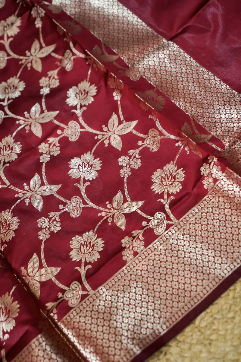BANARASI SILK ORANGE WITH MAROON COLOR UNSTITCHED SUIT MATERIAL