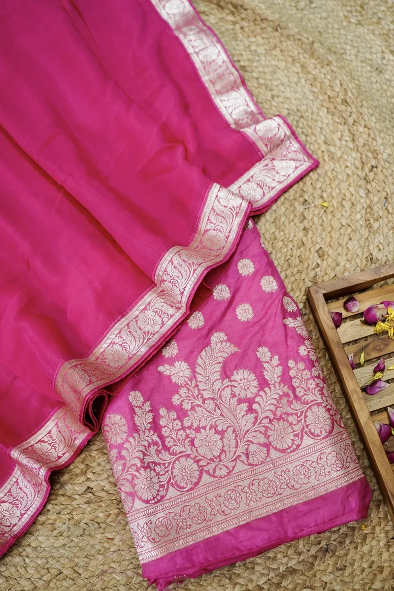 BANARASI SILK HOT PINK COLOR UNSTITCHED SUIT MATERIAL
