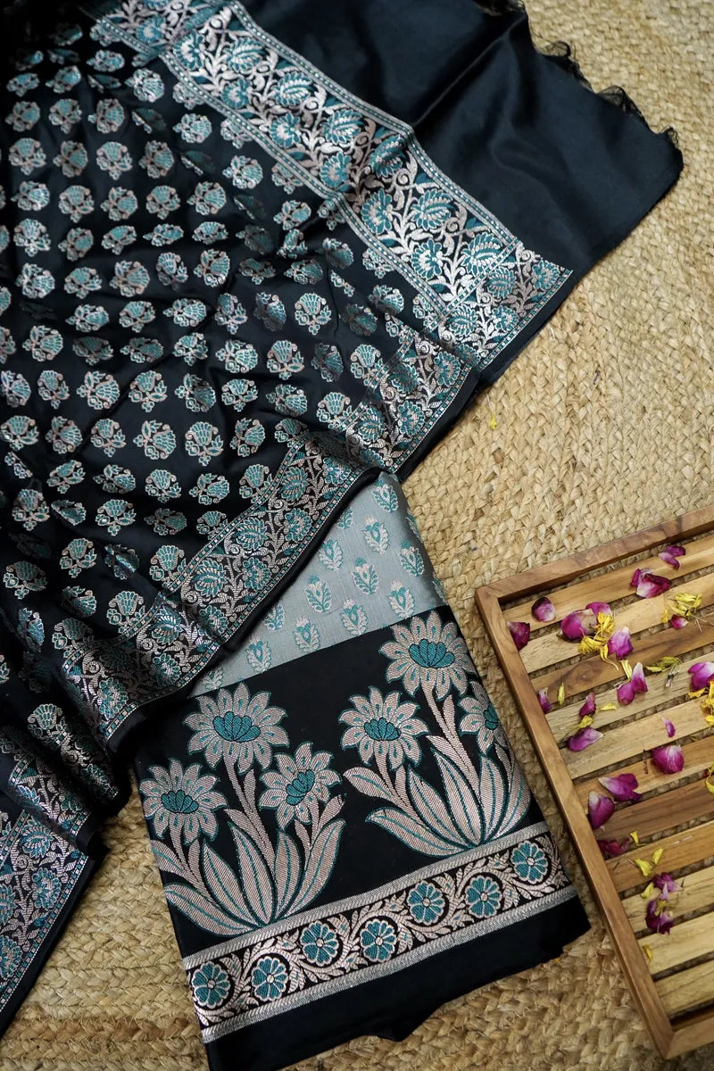 BANARASI SILK GREY WITH BLACK COLOR UNSTITCHED SUIT MATERIAL