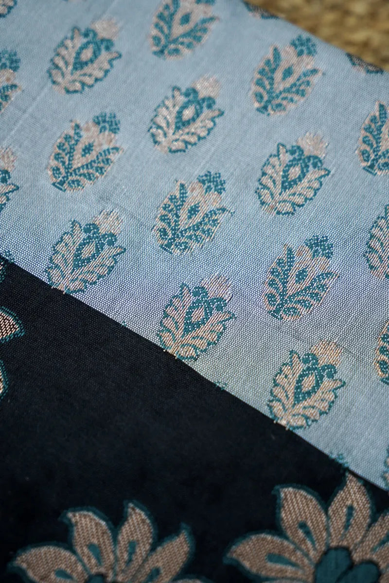 BANARASI SILK GREY WITH BLACK COLOR UNSTITCHED SUIT MATERIAL