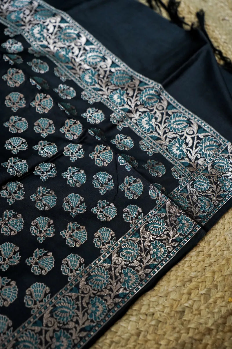 BANARASI SILK GREY WITH BLACK COLOR UNSTITCHED SUIT MATERIAL