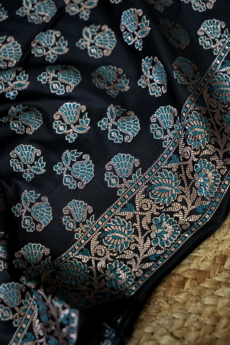BANARASI SILK GREY WITH BLACK COLOR UNSTITCHED SUIT MATERIAL