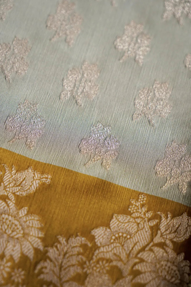 BANARASI SILK GREY WITH MUSTARD COLOR UNSTITCHED SUIT MATERIAL