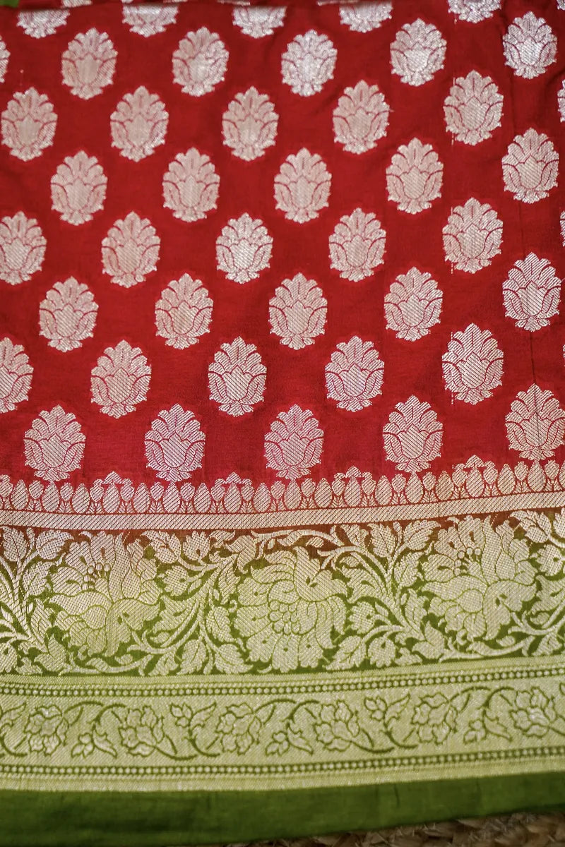 BANARASI SILK RED WITH MEHENDI COLOR UNSTITCHED SUIT MATERIAL