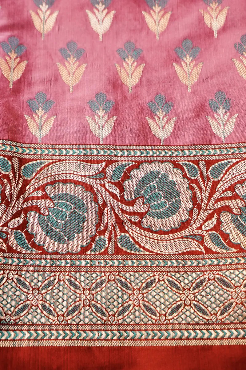BANARASI SILK PONDS PINK WITH MAROON COLOR UNSTITCHED SUIT MATERIAL