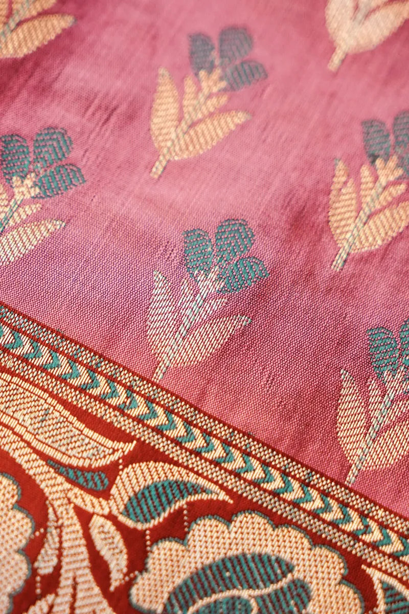 BANARASI SILK PONDS PINK WITH MAROON COLOR UNSTITCHED SUIT MATERIAL