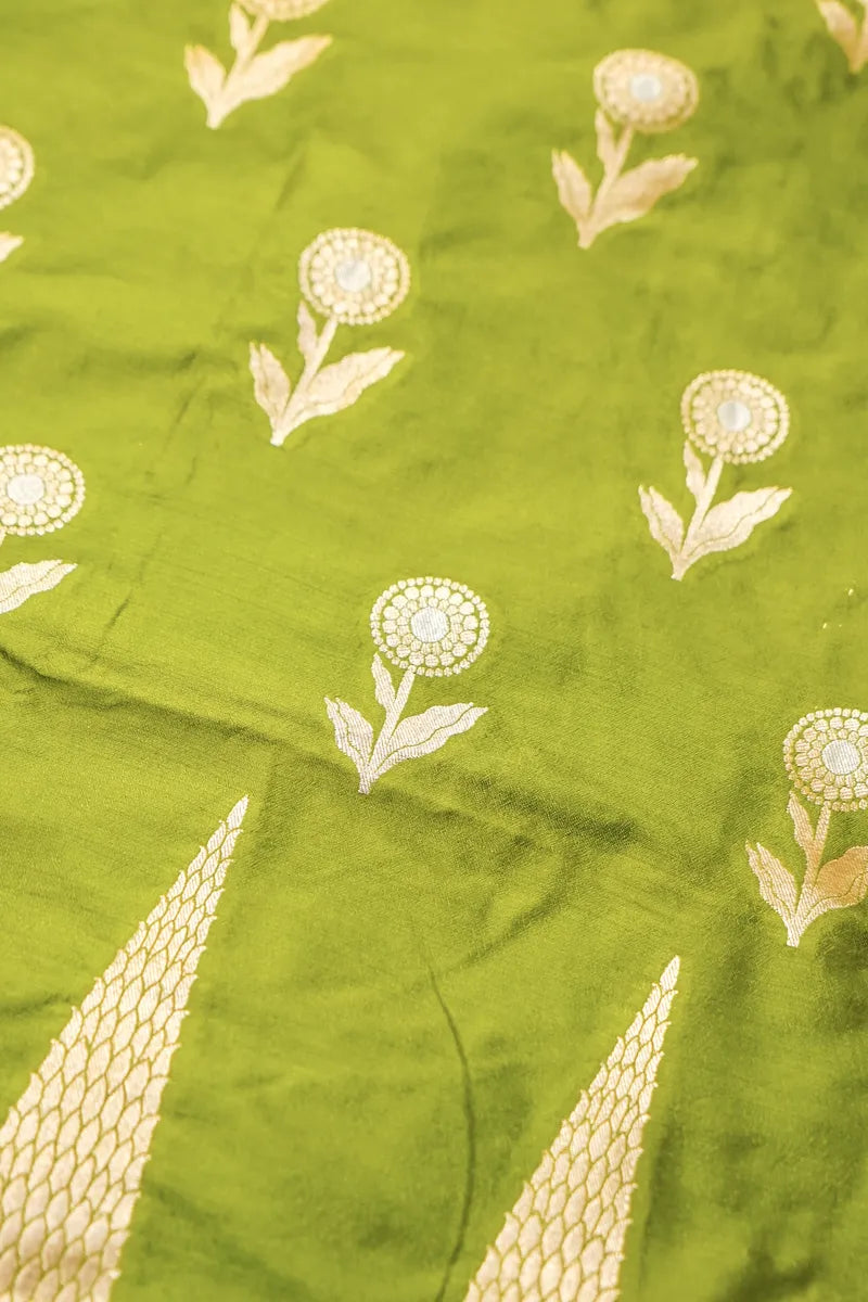 BANARASI KATAN SILK PARROT GREEN COLOR UNSTITCHED SUIT MATERIAL