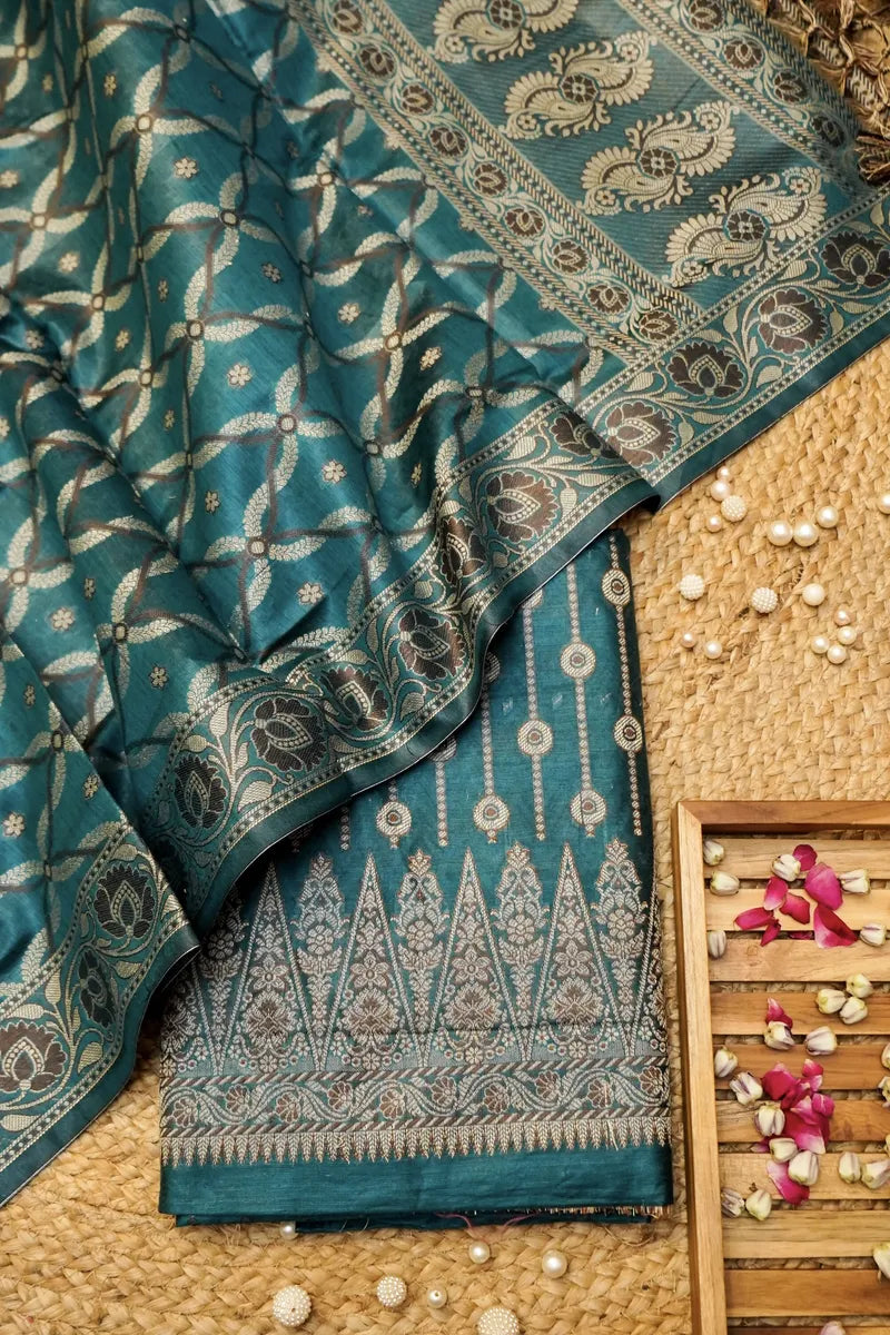 COTTON SILK TEAL BLUE COLOR UNSTITCHED SUIT MATERIAL