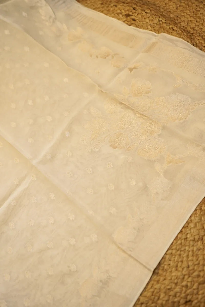 GEORGETTE BANARASI OFF WHITE COLOR UNSTITCHED SUIT MATERIAL