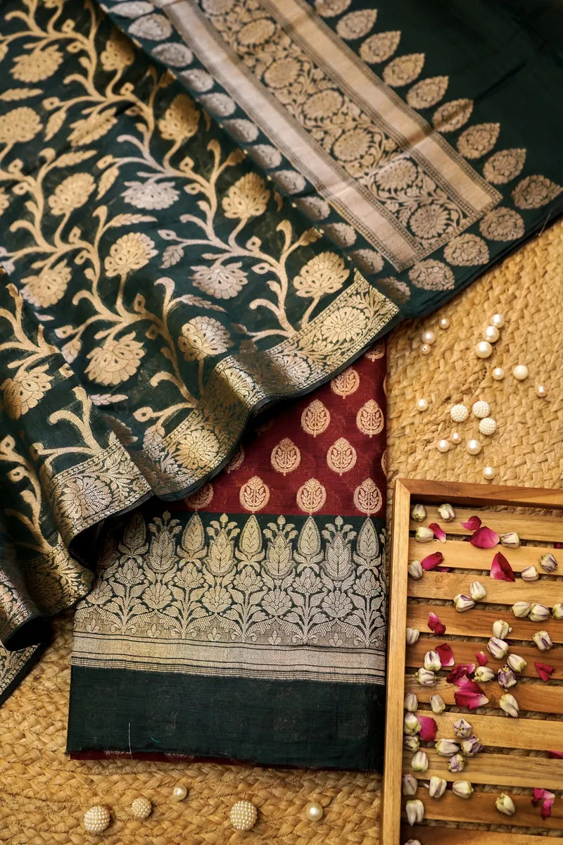 BANARASI SILK MAROON WITH BOTTLE GREEN COLOR UNSTITCHED SUIT MATERIAL