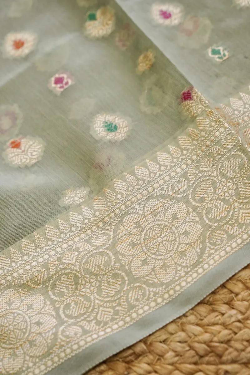 BANARASI SILK LITE PISTA GREEN COLOR UNSTITCHED SUIT MATERIAL