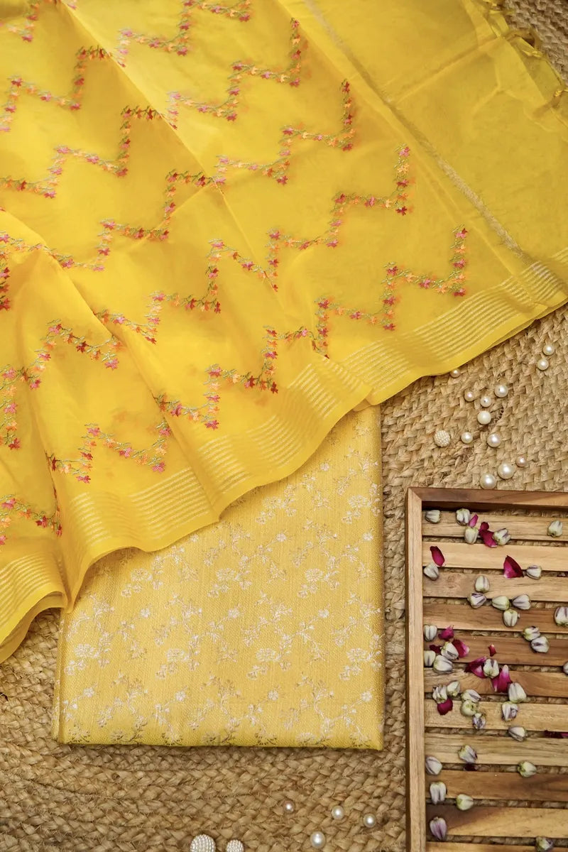 BANARASI SILK YELLOW COLOR UNSTITCHED SUIT MATERIAL
