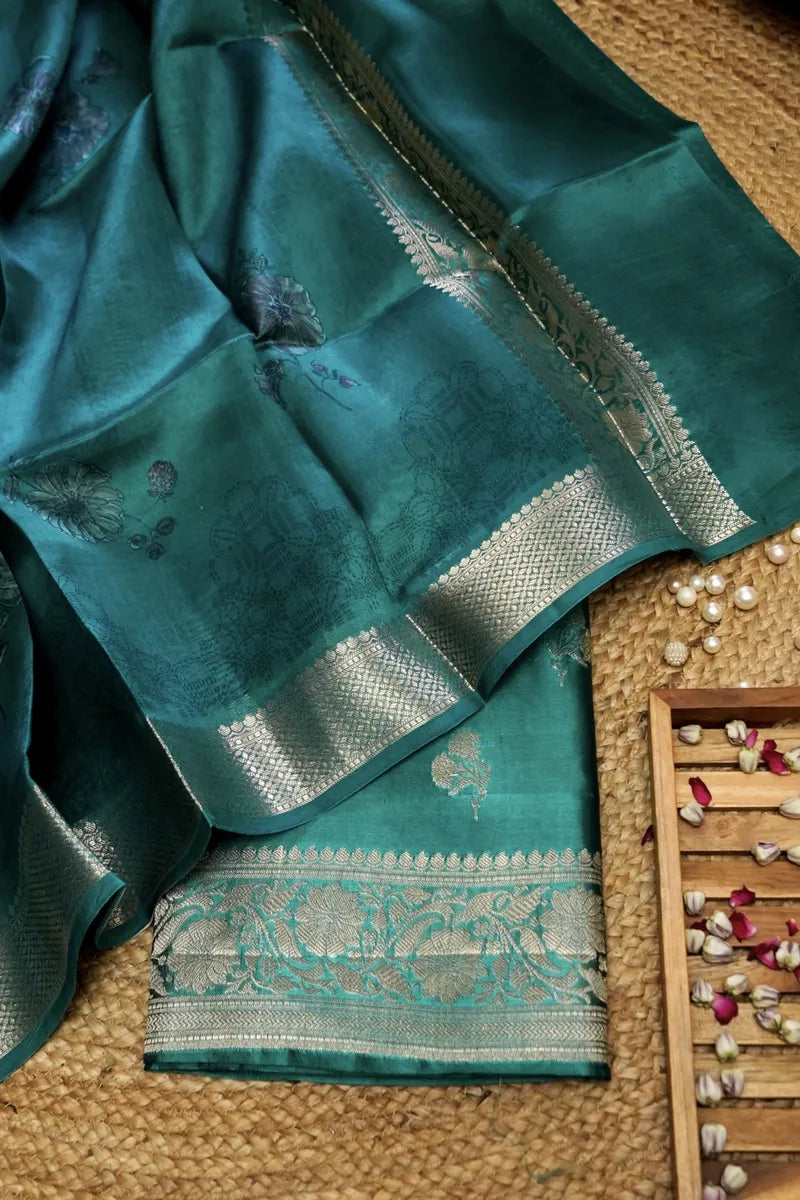 TISSUE SILK TEAL BLUE COLOR UNSTITCHED SUIT MATERIAL