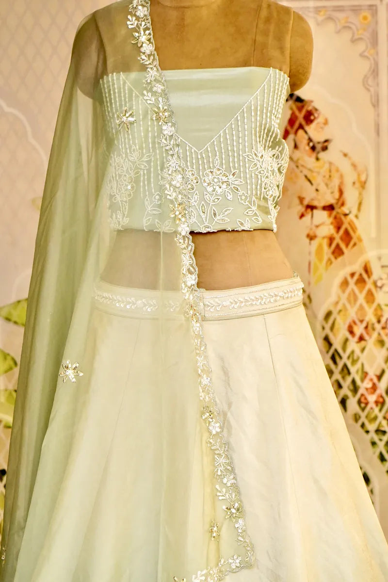 PURE RAW SILK SEA GREEN (OMEGA) PARTY WEAR LEHENGA
