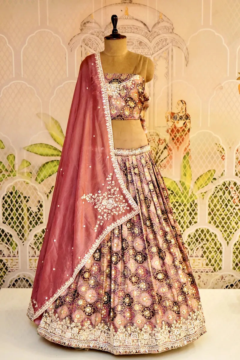 PURE BROCKET SILK LAVENDER COLOR PARTY WEAR LEHENGA