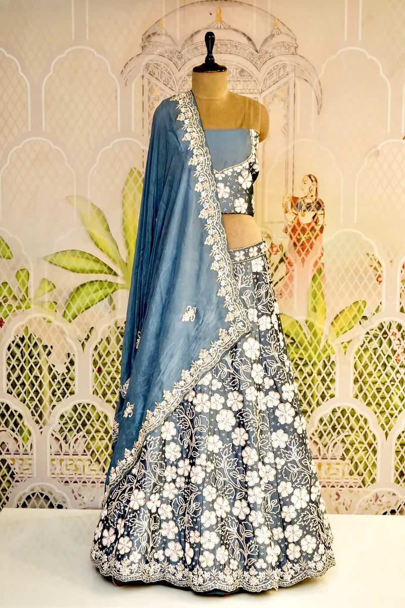 PURE RAW SILK GREY COLOR PARTY WEAR LEHENGA