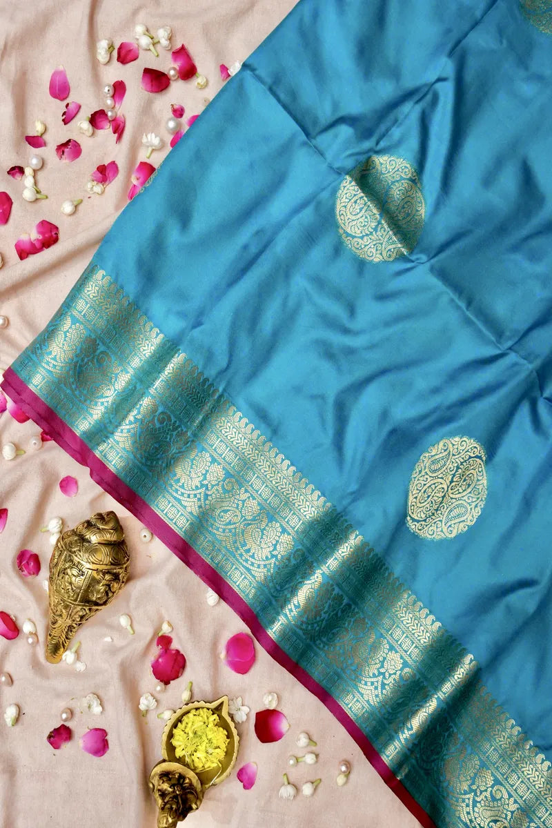BANARASI SATIN RAMA GREEN WITH PURPLE COLOR SILK SAREE