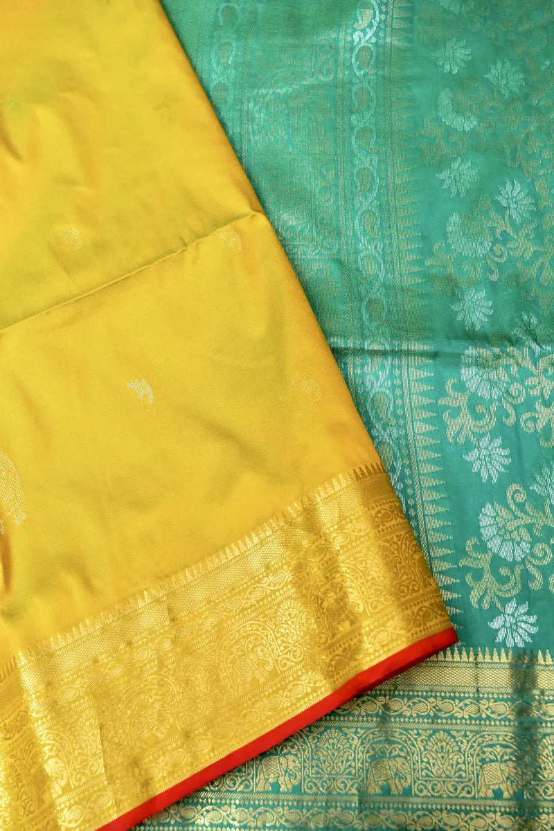BANARASI SATIN LEMON WITH RAMA GREEN COLOR SILK SAREE