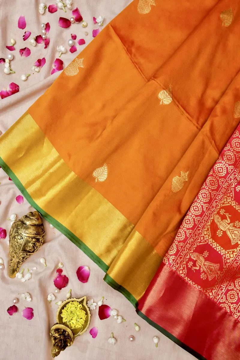 BANARASI SATIN MUSTARD YELLOW WITH PINK COLOR SILK SAREE