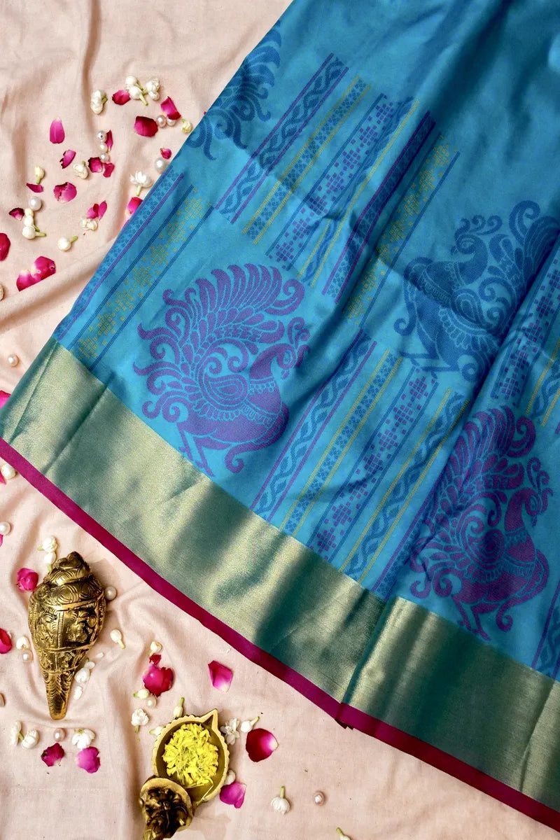 BANARASI SATIN RAMA GREEN WITH PURPLE COLOR SILK SAREE