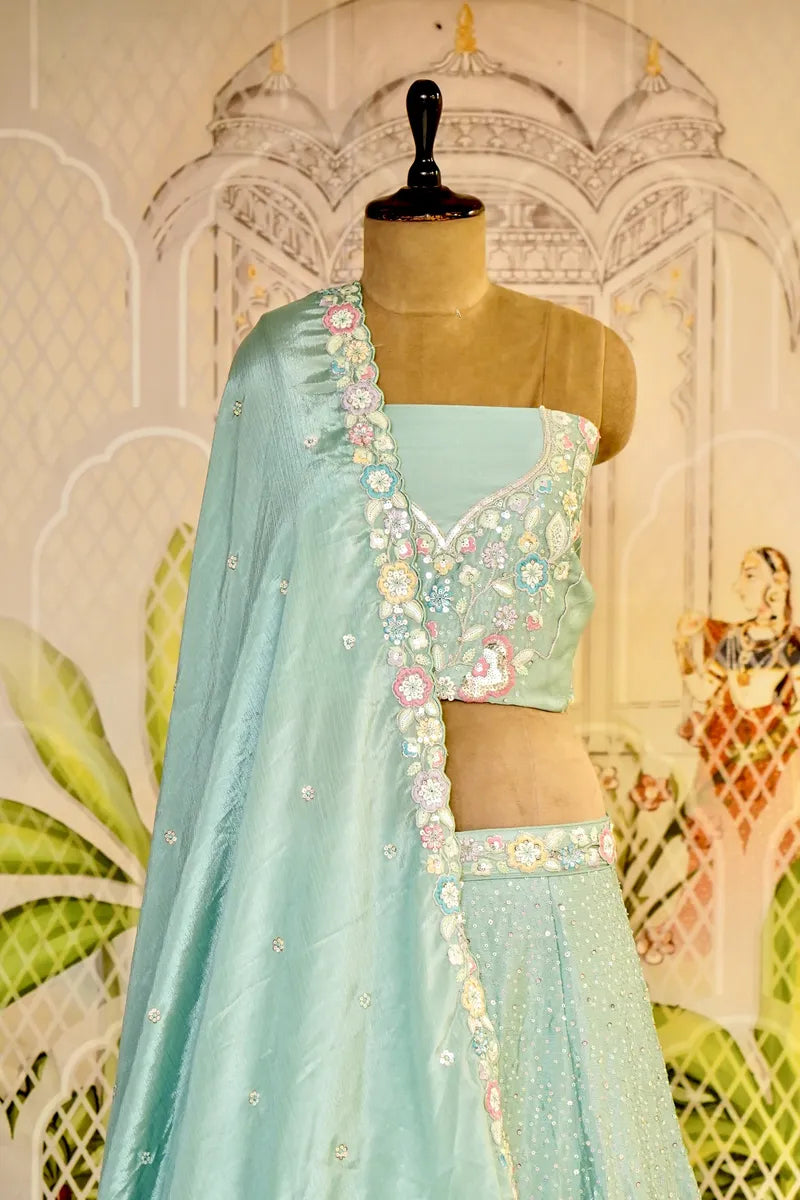 PURE CREPE SILK SEA GREEN COLOR PARTY WEAR LEHENGA