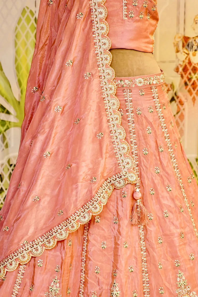 PURE CREPE SILK PEACH COLOR PARTY WEAR LEHENGA
