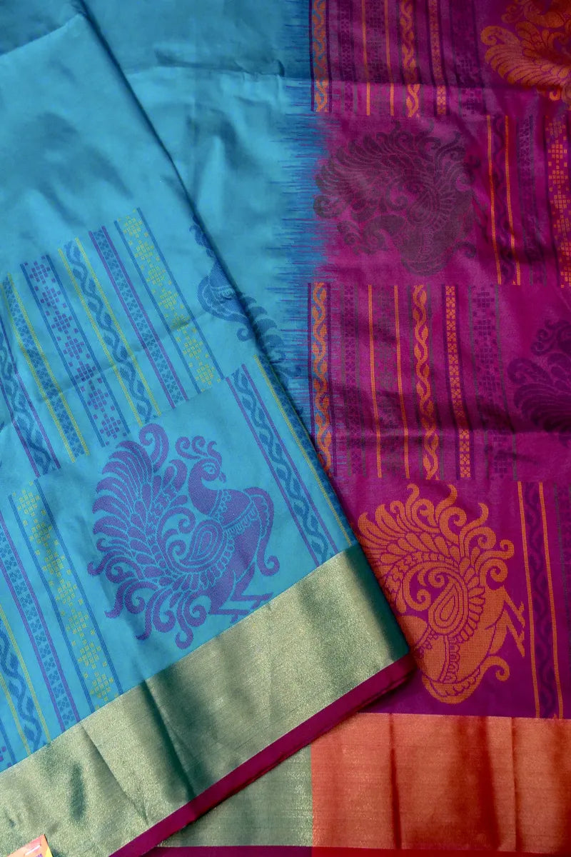 BANARASI SATIN RAMA GREEN WITH PURPLE COLOR SILK SAREE