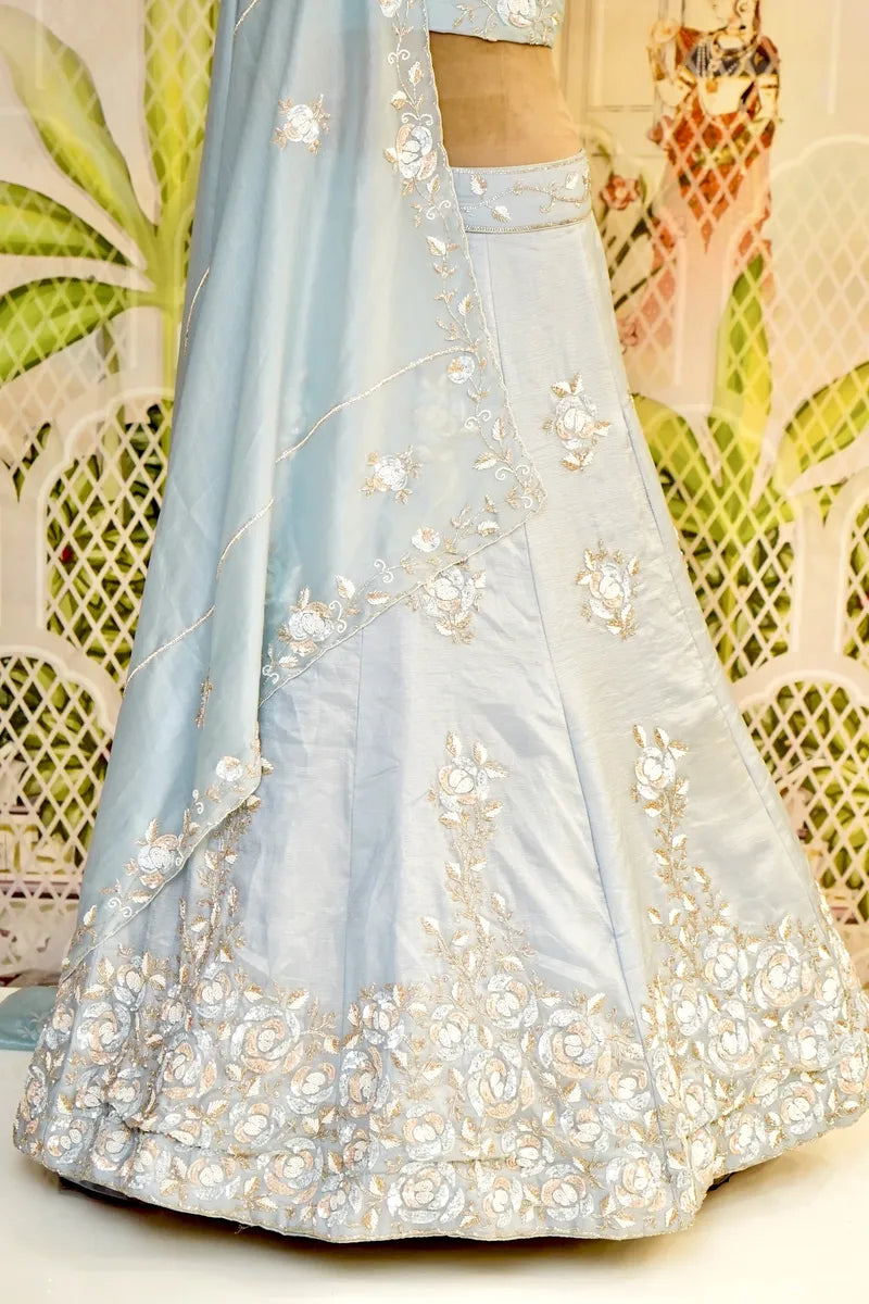 PURE TISSUE ORGANZA SKY BLUE COLOR PARTY WEAR LEHENGA