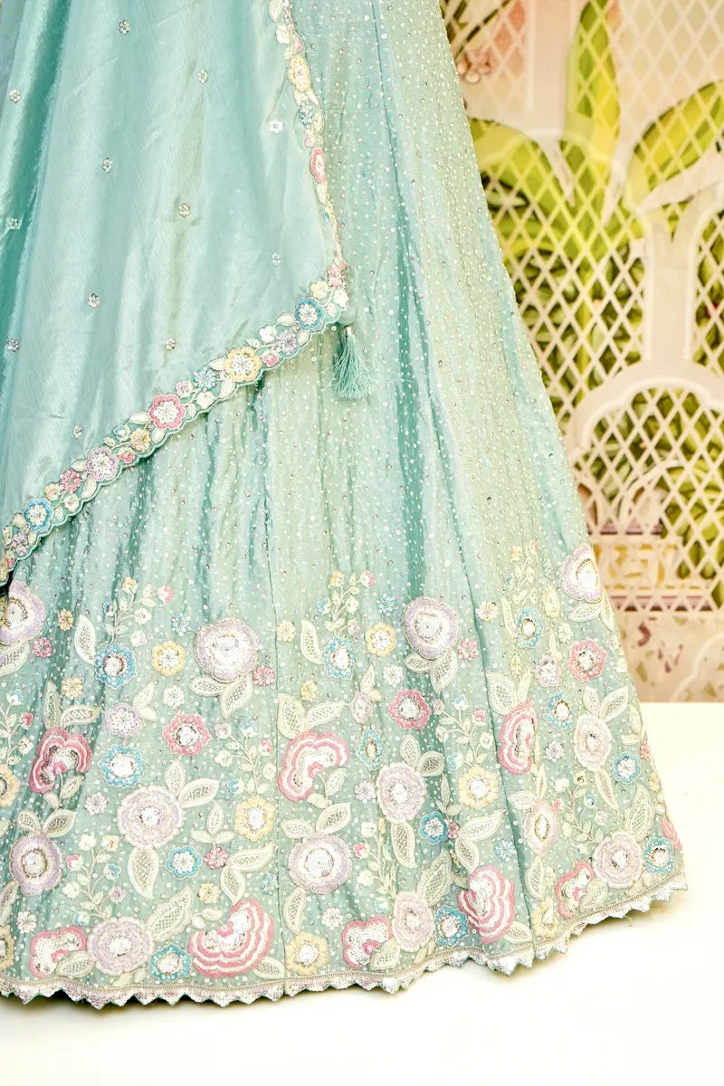 PURE CREPE SILK SEA GREEN COLOR PARTY WEAR LEHENGA