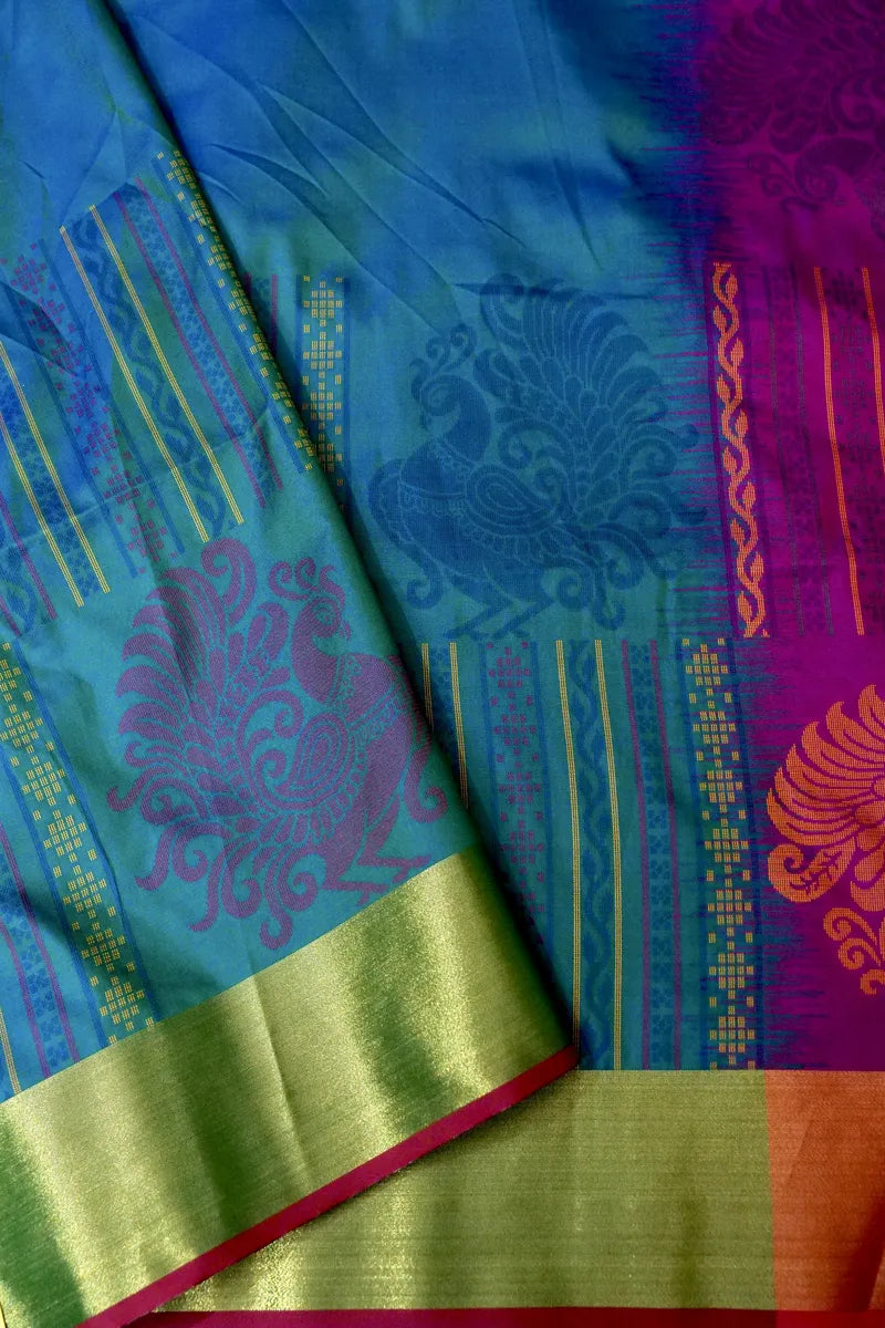 BANARASI SATIN PEACOCK BLUE WITH PURPLE COLOR SILK SAREE