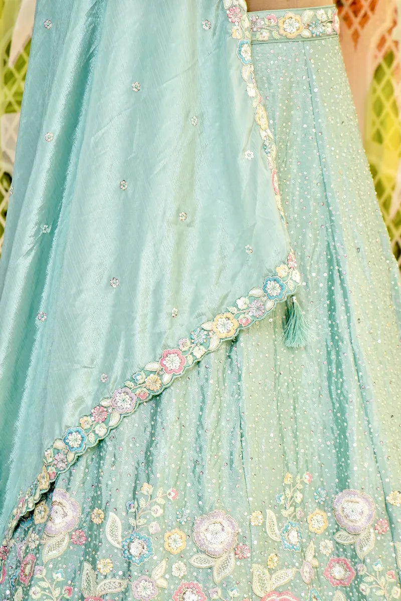 PURE CREPE SILK SEA GREEN COLOR PARTY WEAR LEHENGA