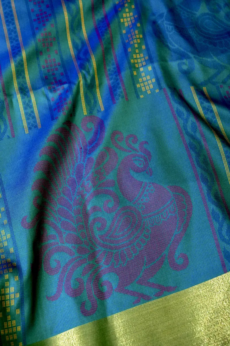 BANARASI SATIN PEACOCK BLUE WITH PURPLE COLOR SILK SAREE