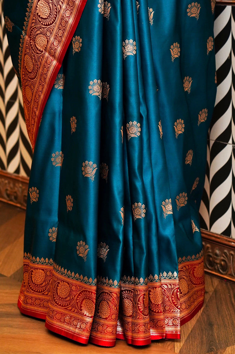 Peacock Blue & Red Silk Saree